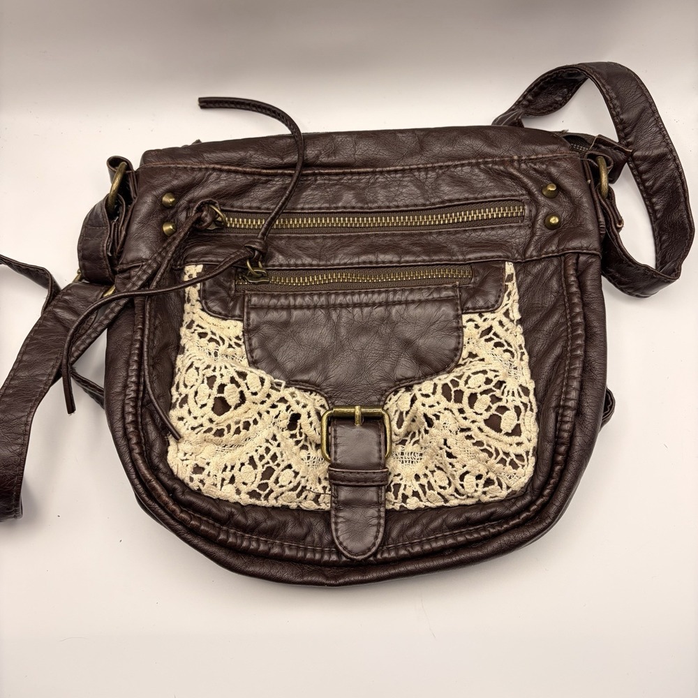 Mossimo Supply Co Brown Faux Leather Crochet Lace Boho Crossbody Bag Purse